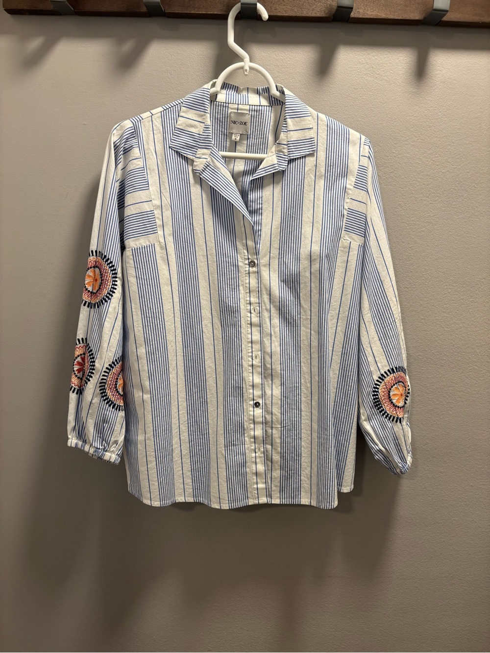 NIC+ZOE Artistic Blue and White Striped Button-Up Shirt with Embroidered Sleeves